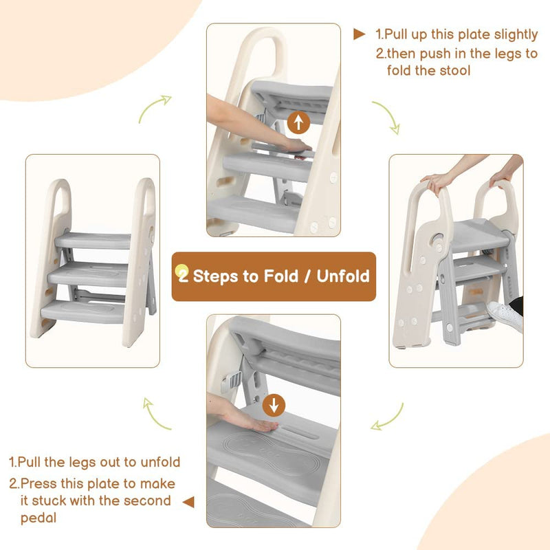 Onasti Foldable Step Stool for Kids, 2 Steps - 3 Steps Height Adjustable Toddler Step Stool, Toilet Steps for Potty Training, Learning Tower with Handle for Bathroom, Bedroom, Kitchen (Grey)