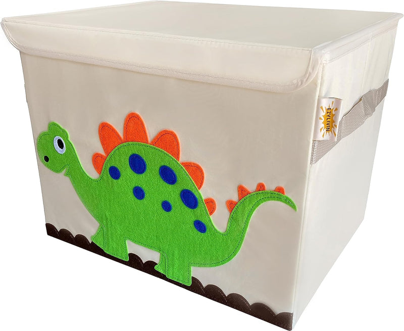 Ezylivin Collapsible Toy Storage Box with Lid - Durable Folding Space Saver for Kids Games Toys & Books Nursery Chest Bedroom Organizer Fun Fabric (Dinosaur)