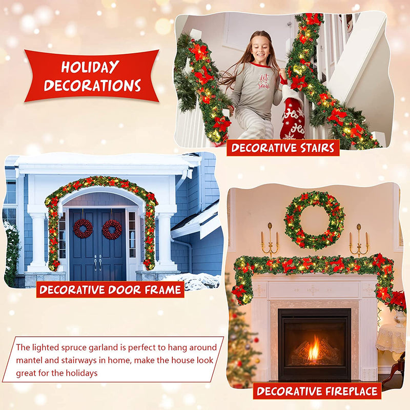 9FT Christmas Garland Decorations, 2.7M Wreath Garlands Decorations Xmas for Fireplaces Stairs, Christmas Garlands with Lights, Red Flower and Red Ball, Holiday, Wedding Party Decoration