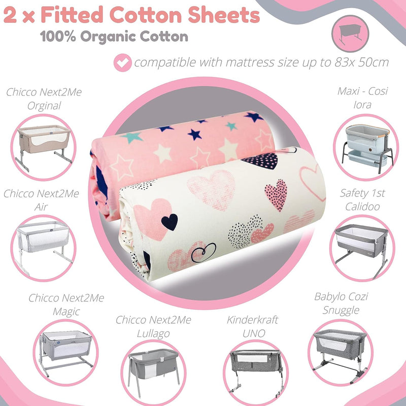 Selemavi Next to Me Crib Sheets – 2Pcs Crib Baby Sheet Set 100 Percent Organic Cotton Fitted Crib Sheets for Bedside Cribs – Made in Europe (83X50Cm, Pink Hearts&Stars)