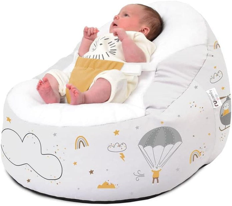 Rucomfy Beanbags Gaga Baby Bean Bag Support Chair Lounger with Safety Harness for 0-6 Month Old - Pre Filled Safe Cuddle Soft Recliner Seat for Newborn Babies - Machine Washable (Reach for the Sky)