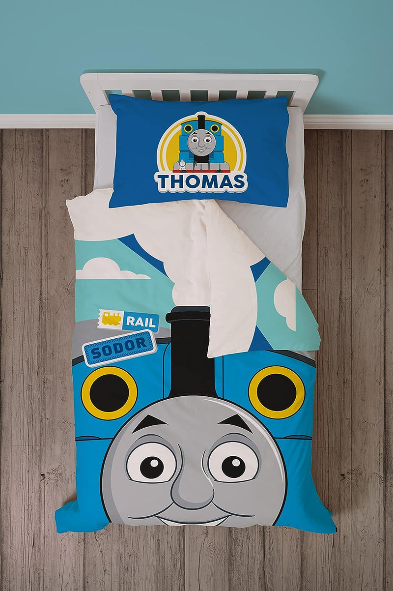 Character World Thomas & Friend Offical Childs Toddler Cot Bed Duvet Cover | Peekaboo Thomas the Tank Engine Reversible 2 Sided Bedding with Matching Pillowcase, Polycotton, Blue