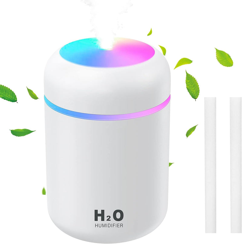 AOOWU Car Humidifiers, 300Ml Portable Mini Humidifiers with Night Light, Cool Mist Air Humidifiers Essential Oil Diffuser, Small Desktop Humidifiers for Bedroom Home Car Office, White