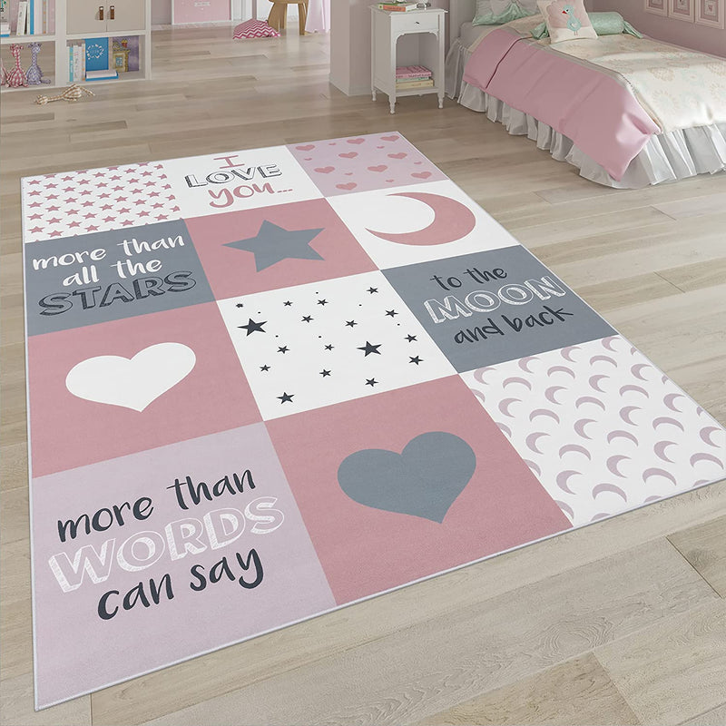 Paco Home Kids Rug, Large Rug, Star Moon and Check Patterns Pastel Colours, Size:140X200 Cm, Colour:Pink-Rose