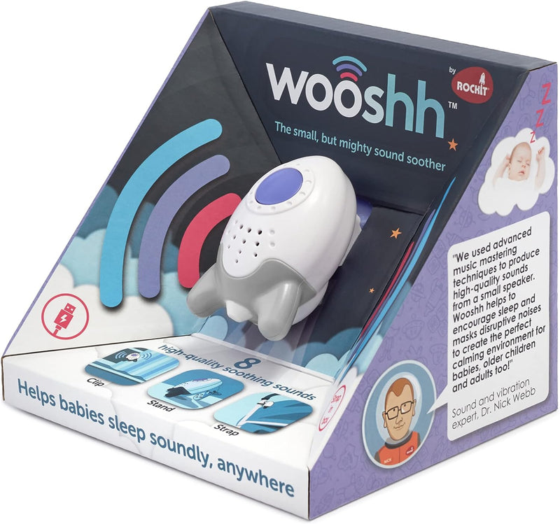 Wooshh Portable Sound Sleep Soother by Rockit - 8 Calming Sounds and 4 Volume Levels - Stand, Clip or Strap It, Rechargeable and Compact, Baby Sleeping Aid Machine, Sleep Aid for Adults, Kids & Baby