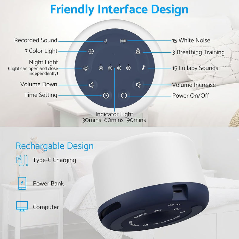 White Noise Machine,Esynic Rechargeable White Noise Machine Baby Portable White Noise Machine for Adults Sleep Sound Machine for Kids Easysleep with 30 Kinds Sounds for Night Sleep Meditation Etc