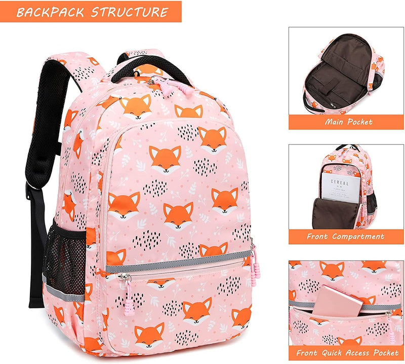 Vanwilit Fox Backpack Girls School Bags Waterproof Lightweight 3 PCS Primary School Bag Set with Lunch Bag & Pencil Case Kids Bookbag Rucksack Casual Daypack (Pink Fox)