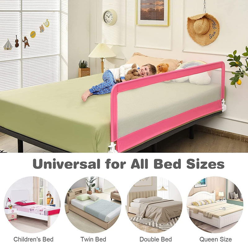 GYMAX 180CM Baby Bed Guard, Foldable Mesh Bedside Guardrail with Safety Straps, Universal Kids Swing down Bed Rail for Extra Long Cribs, Twin, Double, Full Size Queen and King Bed (Pink)