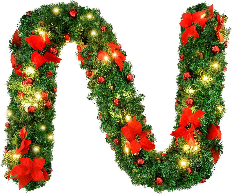 9FT Christmas Garland Decorations, 2.7M Wreath Garlands Decorations Xmas for Fireplaces Stairs, Christmas Garlands with Lights, Red Flower and Red Ball, Holiday, Wedding Party Decoration