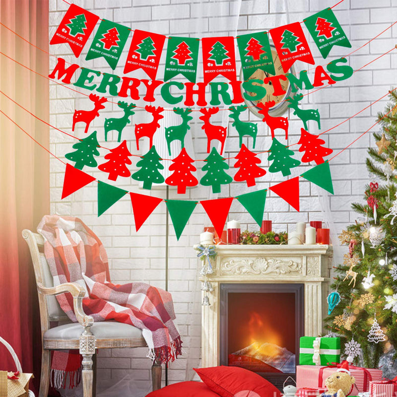 Merry Christmas Banner Garland Christmas Banners Flags Christmas Bunting Decorations Merry Christmas Tree Hollow Santa Claus Banner Hanging Fabric Flag for Indoor Outdoor Decoration 5 Pack