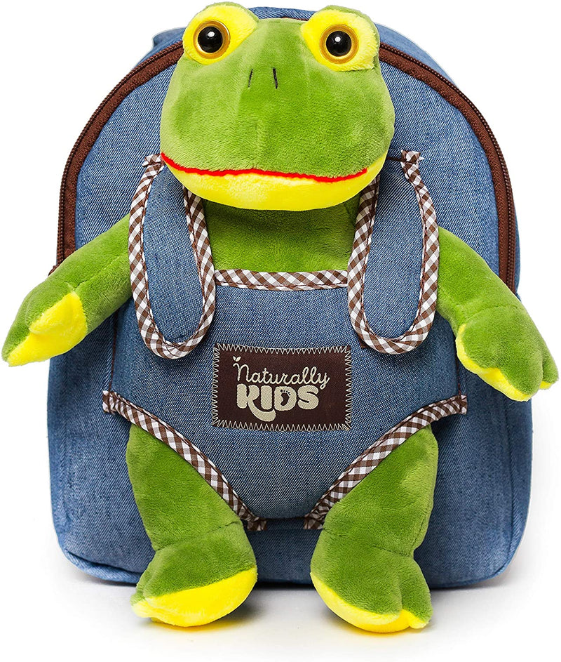 Plush Toddler Frog Backpack for Boys Girl - Tiny Soft Frogs Stuffed Animal Backpack Frog Plush - Kids Toys for 3 4 5 6 7 Year Old Boy Birthday Gift - Stuffed Frog Toy Plushie Denim Backpack Frog Stuff