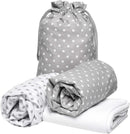 Peek-A-Boo Chicco Next2Me Crib Fitted Sheets, 3 Pcs Set 83X50Cm, 2X Sheets + 1X Waterproof Mattress Protector, 100% Oeko-Tex Cotton (White and Grey Polka Dots) Made in EU