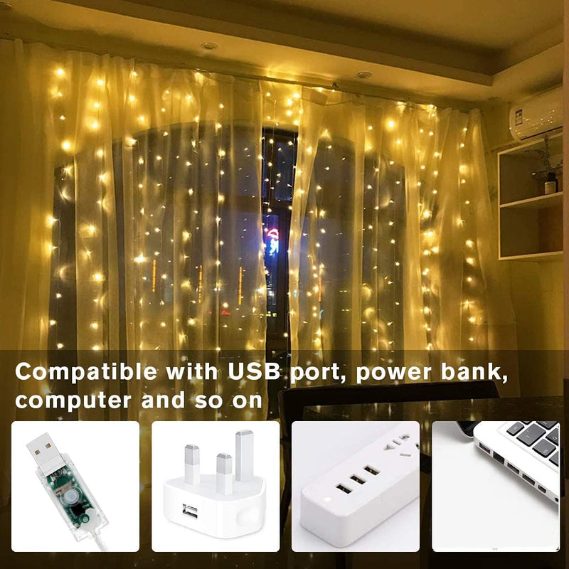 LED Window Curtain Fairy Twinkle Lights, 3Mx3M 300Leds USB Operated 8 Modes Icicle String Lights with Remote & Timer for Indoor Xmas Party Home Garden Decoration(Warm White)