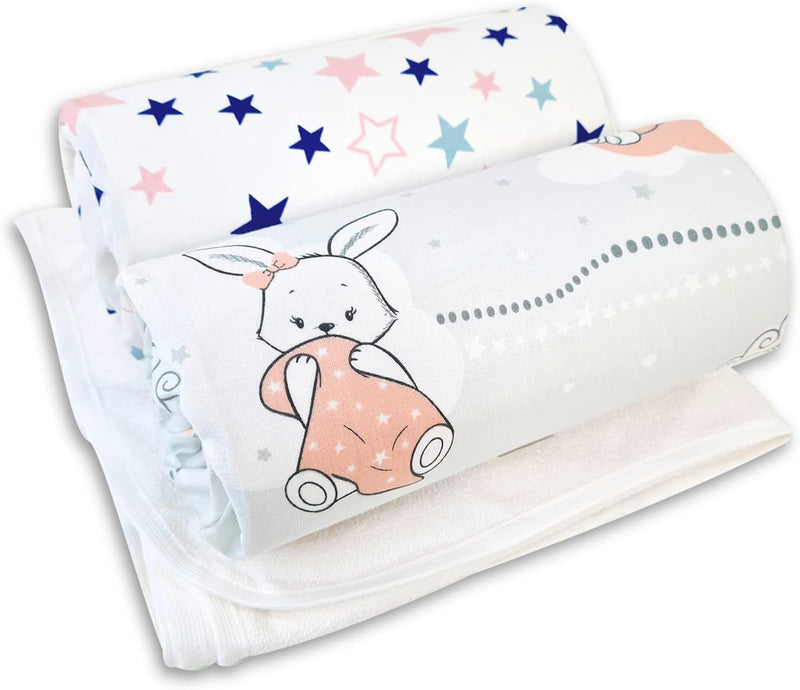 Next to Me Baby Crib Sheets – 3Pc Baby Bed Set with 2 Fitted Sheets and 1 Waterproof Mattress Protector – 100% Organic Cotton Fitted Crib Sheet – Selemavi Baby Sheets 83 X 50Cm