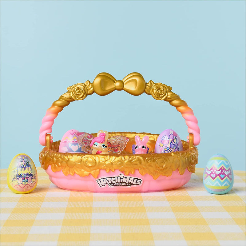 HATCHIMALS Colleggtibles, Bunny Family Spring Basket (Gold/Pink) with 6 Characters, 2023 Edition, Spring Toy, Kids’ Toys for Girls Aged 5 and Up.