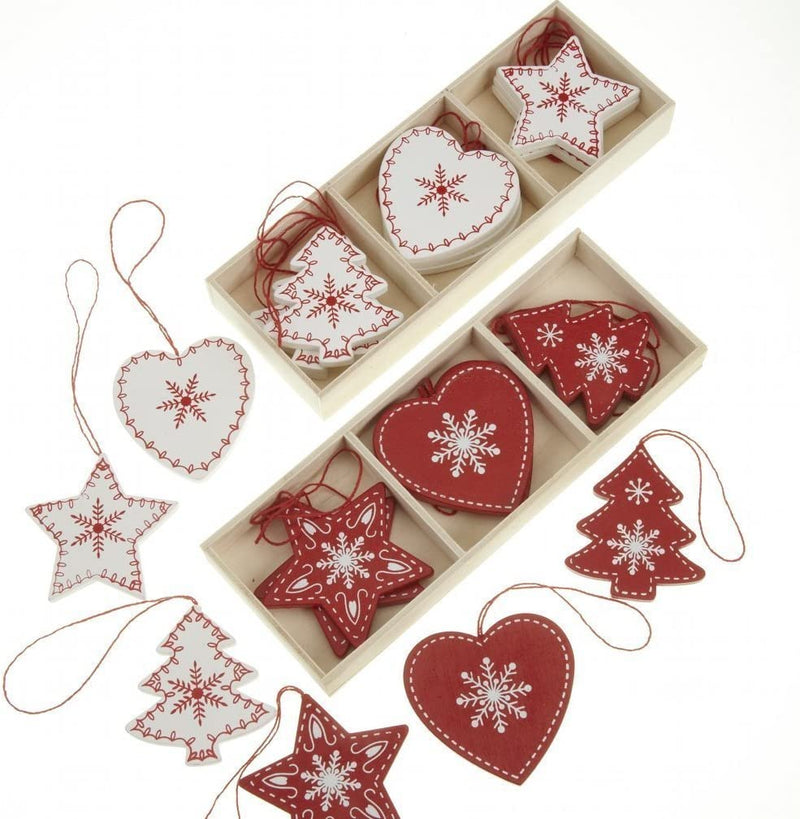 24 Red and White Wooden Traditional Christmas Tree Decorations in Heart, Tree and Star Shapes